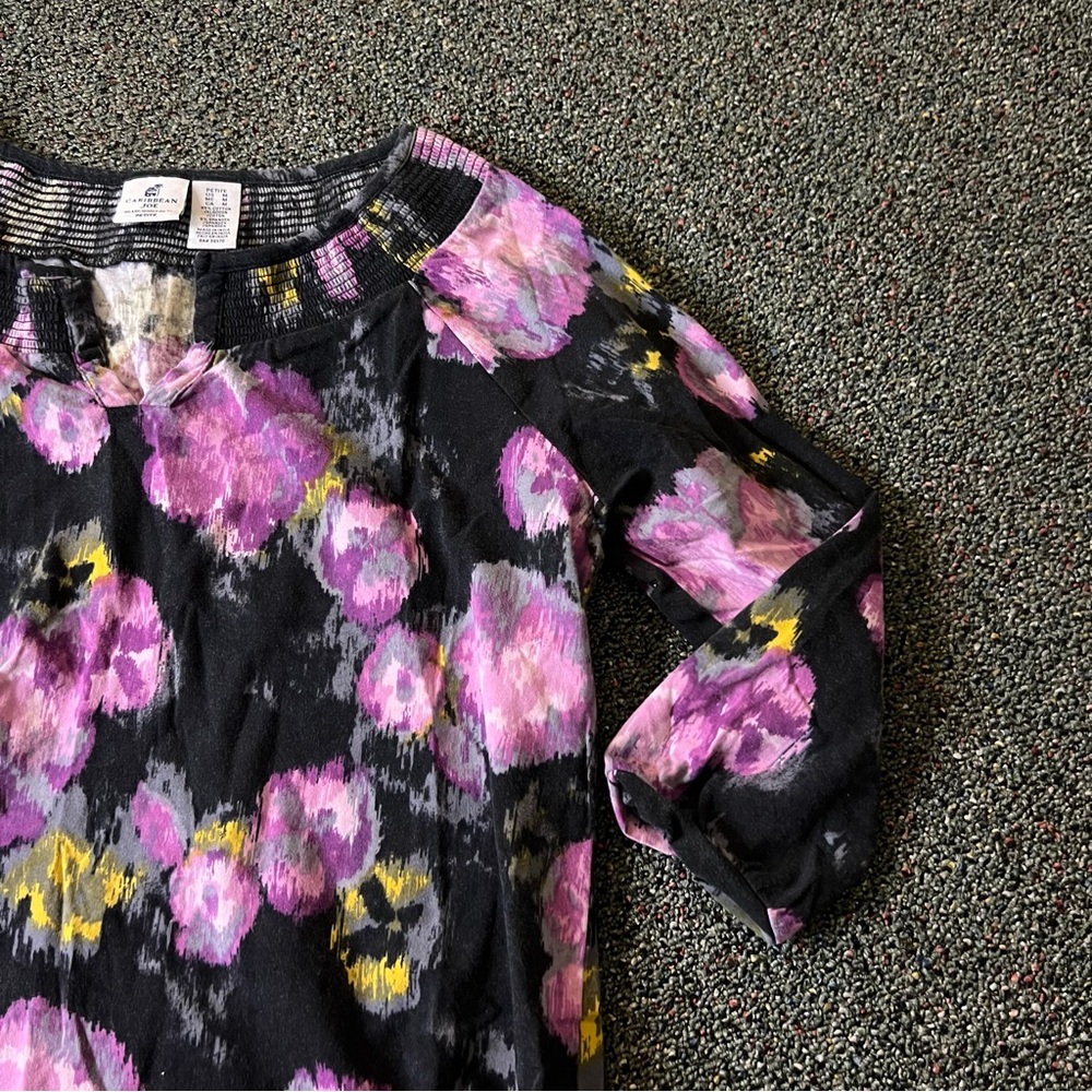 Caribbean Joe Purple Floral Elastic Cinched Neck Flowy Loose Cotton T-Shirt Sz M